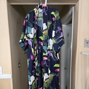 Natori Daido Robe & Slip Dress, Navy Floral, Size Medium